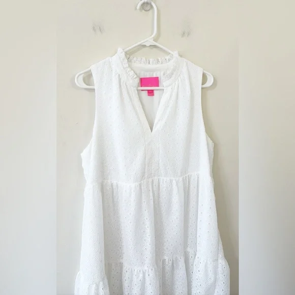 Lilly Pulitzer Novella Dress Resort White Mini Medallion Chiffon Eyelet Size L - Picture 5 of 11